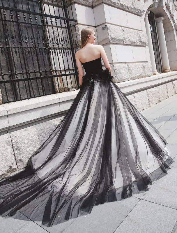 Black Pageant Party Dress Women Strapless Tulle Princess Wedding Gowns