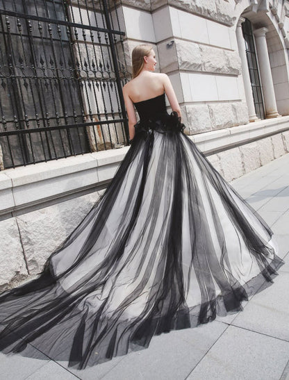 Black Pageant Party Dress Women Strapless Tulle Princess Wedding Gowns