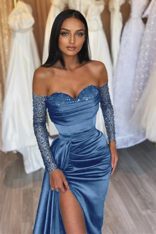 Black Prom Dress Sweetheart Short Sleeves with Pleated Slit