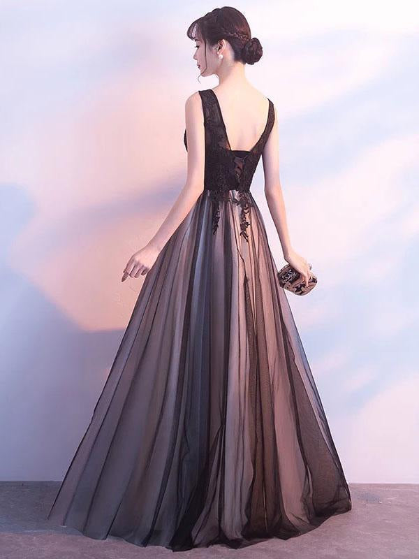 Black Prom Dresses Long V Neck Lace Tulle Sleeveless Aline Formal Evening Dress