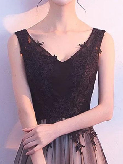 Black Prom Dresses Long V Neck Lace Tulle Sleeveless Aline Formal Evening Dress