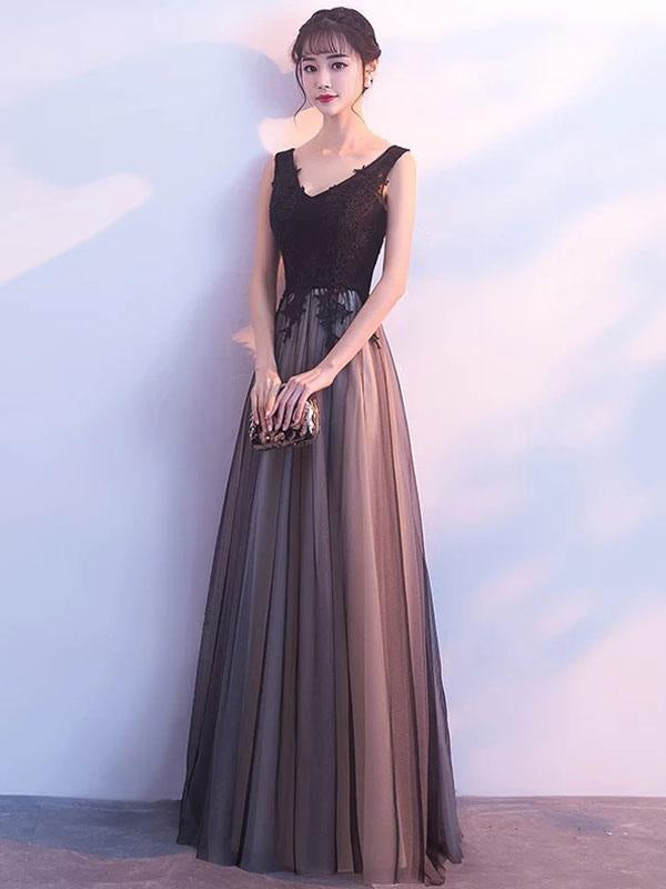 Black Prom Dresses Long V Neck Lace Tulle Sleeveless Aline Formal Evening Dress