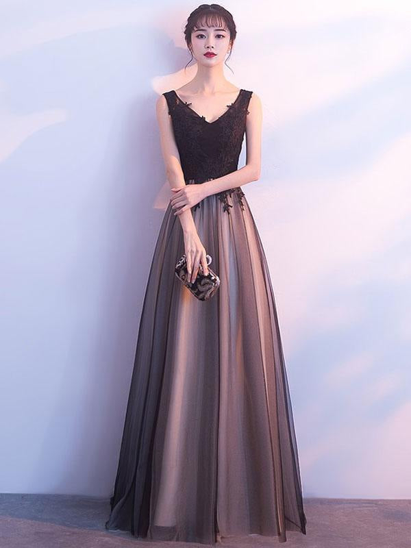 Black Prom Dresses Long V Neck Lace Tulle Sleeveless Aline Formal Evening Dress