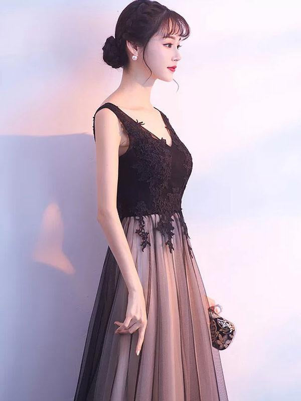 Black Prom Dresses Long V Neck Lace Tulle Sleeveless Aline Formal Evening Dress