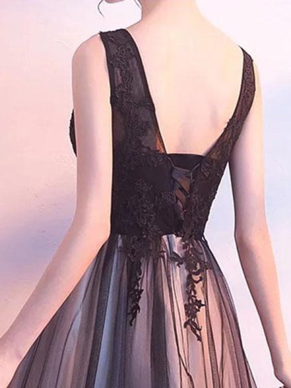 Black Prom Dresses Long V Neck Lace Tulle Sleeveless Aline Formal Evening Dress
