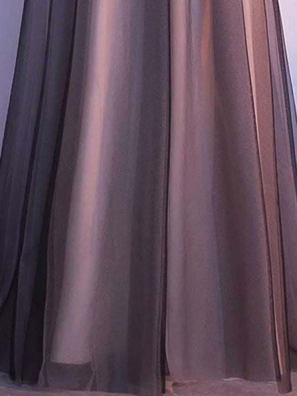 Black Prom Dresses Long V Neck Lace Tulle Sleeveless Aline Formal Evening Dress
