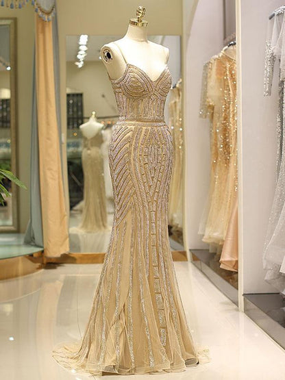 Black Prom Dresses Mermaid Luxury Heavy Beaded Straps Long Formal Evening Dress