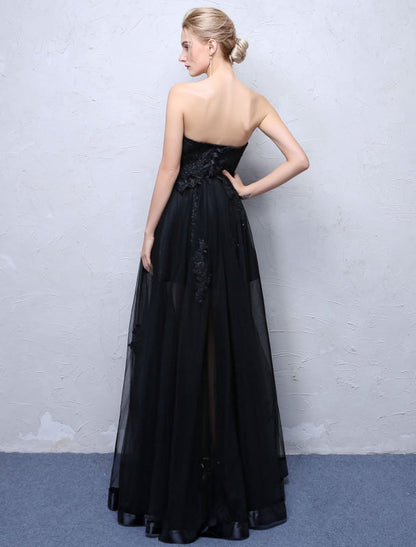 Black Prom Dresses Strapless Long Party Dress Lace Applique Sweetheart Illusion Formal Evening Dress