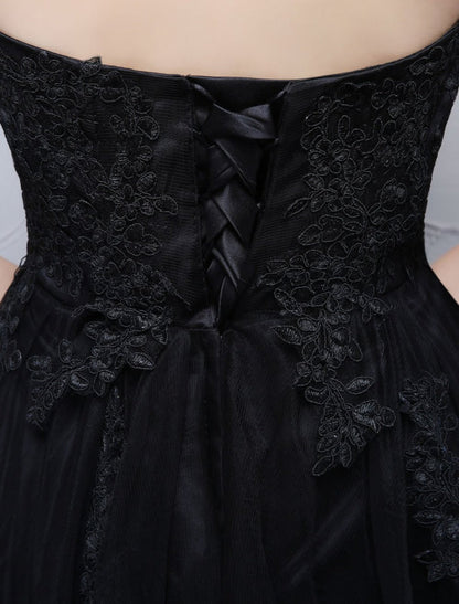 Black Prom Dresses Strapless Long Party Dress Lace Applique Sweetheart Illusion Formal Evening Dress