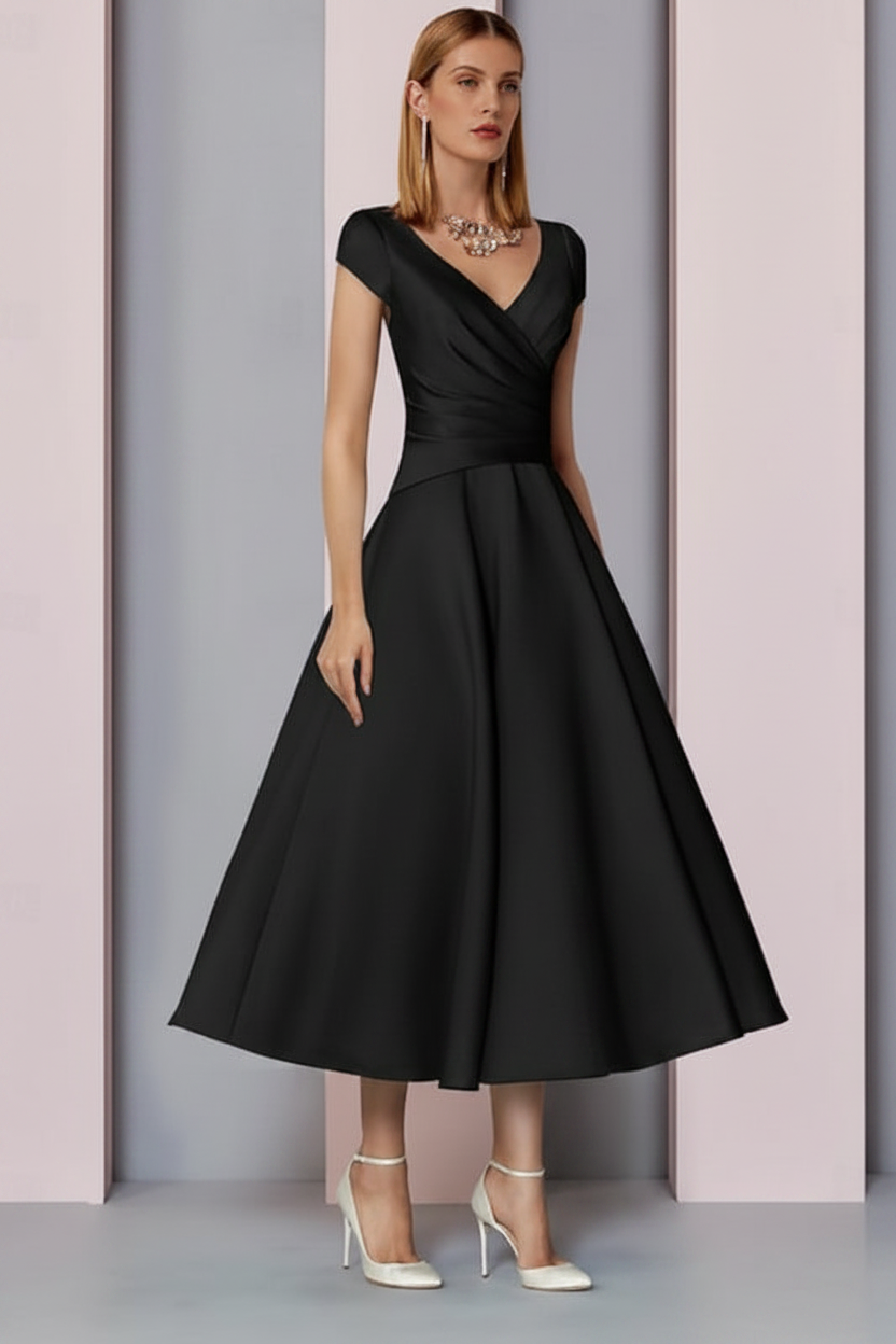Navy Satin A-Line Mother of the Bride Dress V Neck Tea Length Wedding Guest Dress