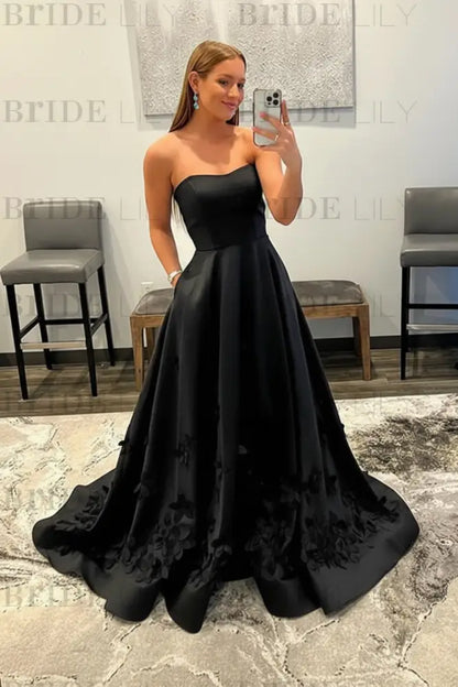 Strapless Light Blue Satin Prom Dresses 3D Flowers A-line Evening Dresses with Pocket