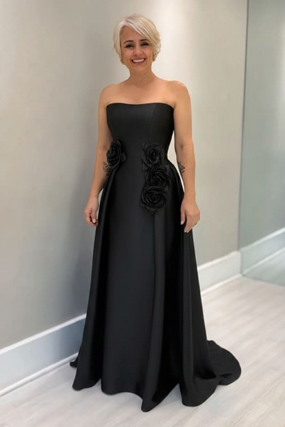 Dusty Blue Satin Mother of the Bride Dress Strapless with Flowers