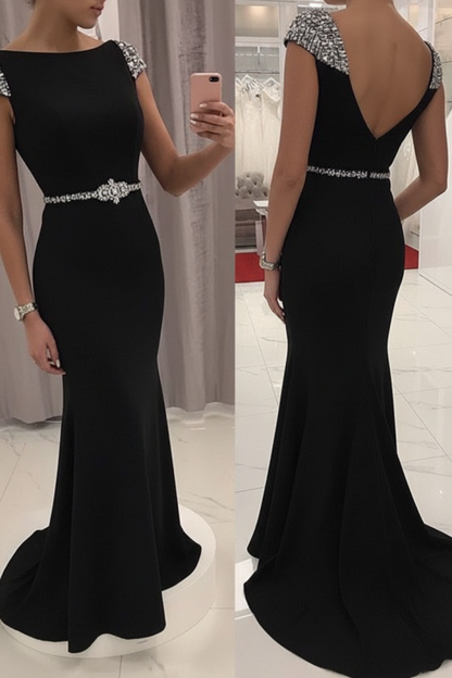 Navy Blue Sequined Fitted Cap Sleeve Mermaid Prom Dress Formal Gown