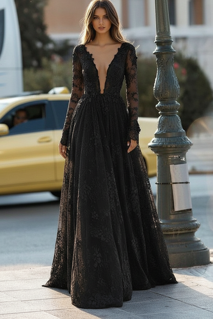 Simple Wedding Dress A Line V Neck Long Sleeves Lace Floor Length Bridal Gowns