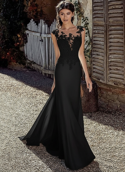 White Simple Wedding Dress White Chiffon Illusion Sleeveless Court Train Applique Sheath Bridal Gowns