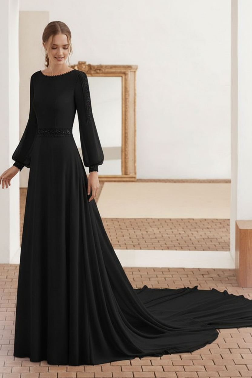 Simple Wedding Dress With Train Chiffon Halter Long Sleeves Lace A Line Bridal Dresses
