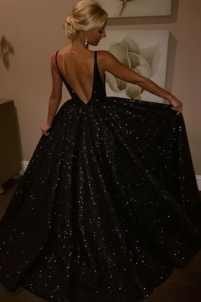 Ivory Sparkly V-neck Sleeveless Backless Floor-length Party Dress Prom Dresses