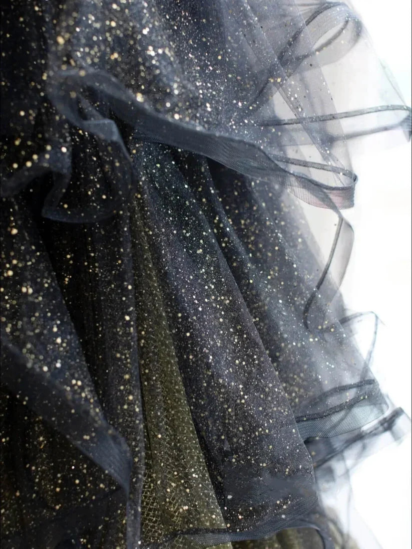 Black gold shiny elegant long tulle ball gown evening gown graduation dress beauty pageant dress gh2609