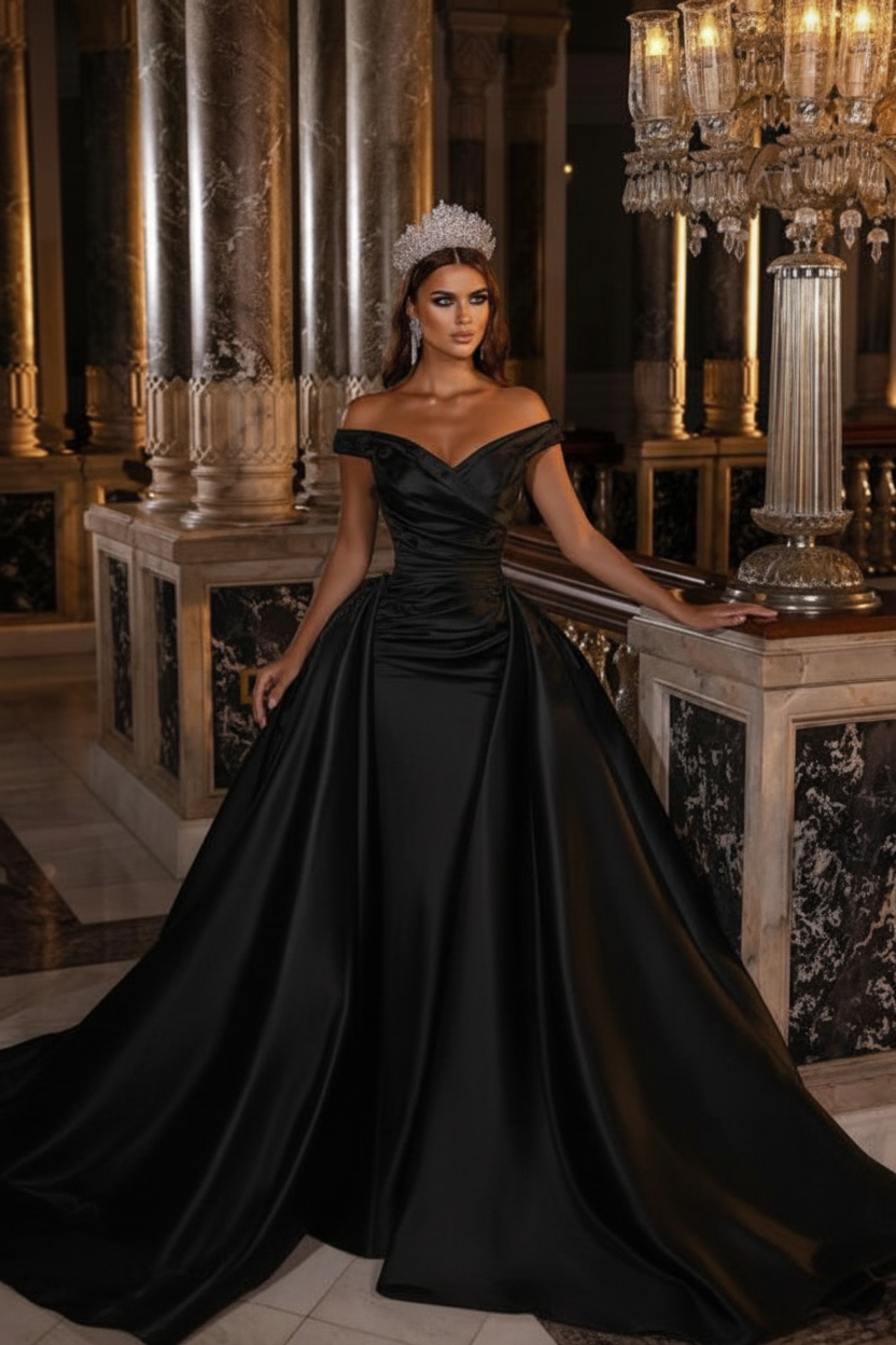 Sweetheart Backless Satin A-Line Off-The-Shoulder Bridal Gown with Ruffled Appliques
