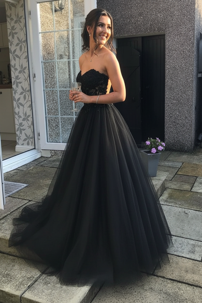 Sweetheart Open Back Pink Lace Long Prom Dresses Tulle Aline Formal Evening Dresses