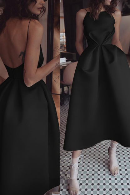 Unique Tea Length Satin Party Spaghetti Straps Backless Prom Dress