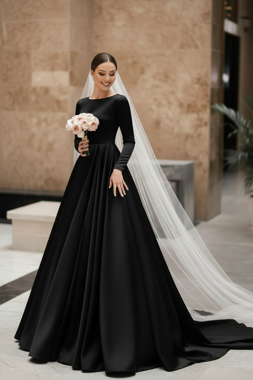 Long Sleeves Vintage Wedding Dress Jewel Neck Satin Chapel Train Pleated Bridal Dress