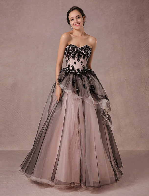 Black Wedding Dress Lace Tulle Chapel Train Bridal Gown Strapless Sweetheart A-Line Princess Pageant Dress