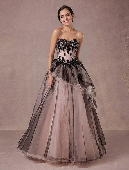 Black Wedding Dress Lace Tulle Chapel Train Bridal Gown Strapless Sweetheart A-Line Princess Pageant Dress