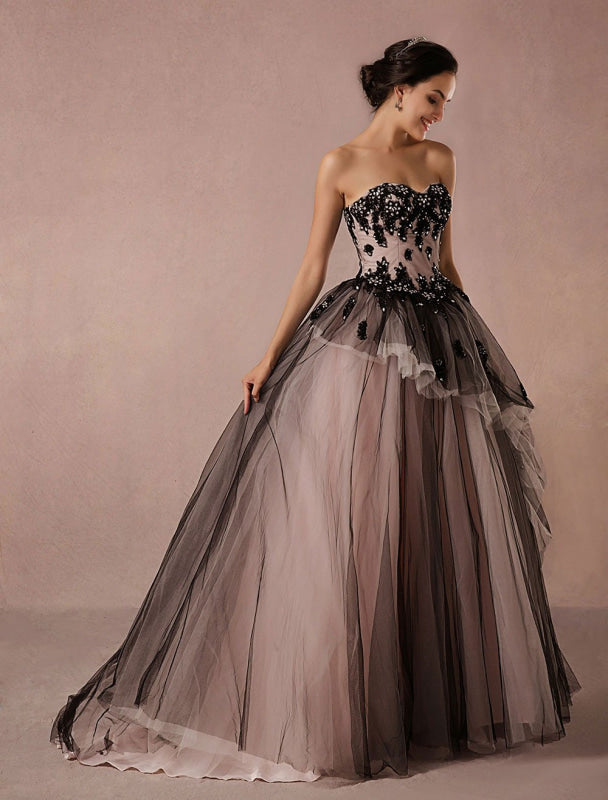 Black Wedding Dress Lace Tulle Chapel Train Bridal Gown Strapless Sweetheart A-Line Princess Pageant Dress