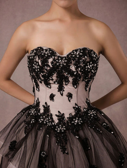 Black Wedding Dress Lace Tulle Chapel Train Bridal Gown Strapless Sweetheart A-Line Princess Pageant Dress