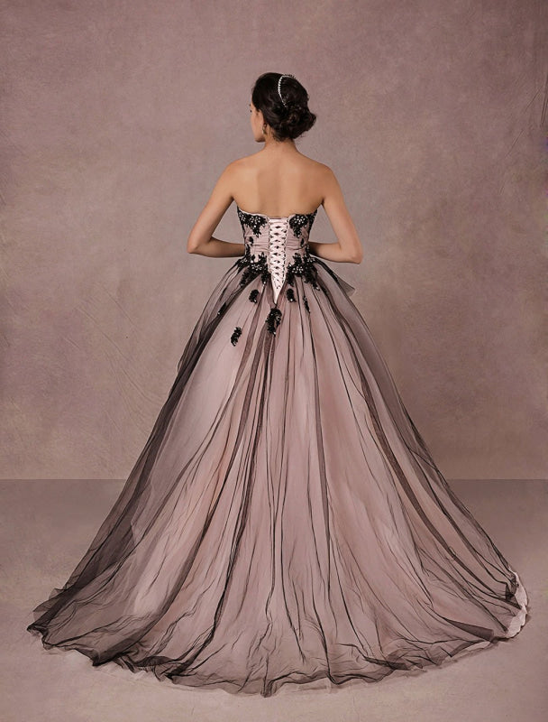 Black Wedding Dress Lace Tulle Chapel Train Bridal Gown Strapless Sweetheart A-Line Princess Pageant Dress