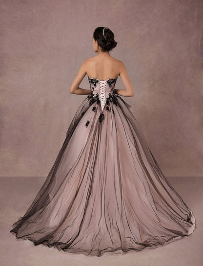 Black Wedding Dress Lace Tulle Chapel Train Bridal Gown Strapless Sweetheart A-Line Princess Pageant Dress