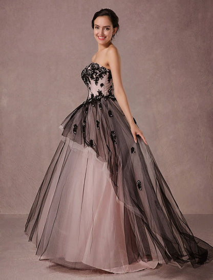 Black Wedding Dress Lace Tulle Chapel Train Bridal Gown Strapless Sweetheart A-Line Princess Pageant Dress