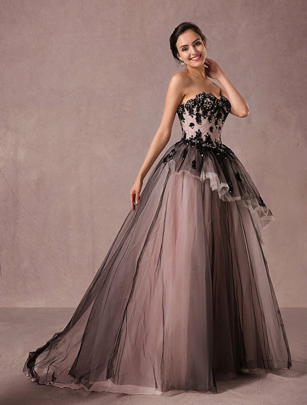 Black Wedding Dress Lace Tulle Chapel Train Bridal Gown Strapless Sweetheart A-Line Princess Pageant Dress