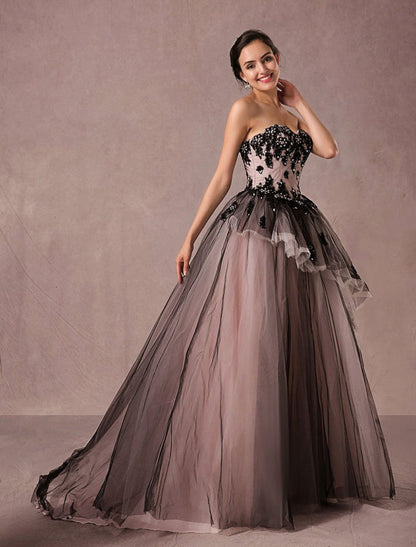 Black Wedding Dress Lace Tulle Chapel Train Bridal Gown Strapless Sweetheart A-Line Princess Pageant Dress