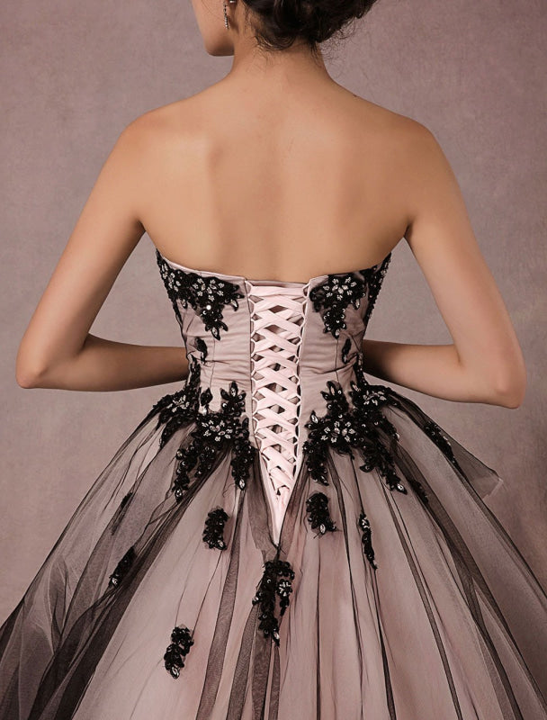 Black Wedding Dress Lace Tulle Chapel Train Bridal Gown Strapless Sweetheart A-Line Princess Pageant Dress