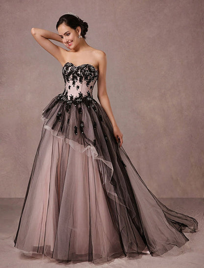 Black Wedding Dress Lace Tulle Chapel Train Bridal Gown Strapless Sweetheart A-Line Princess Pageant Dress