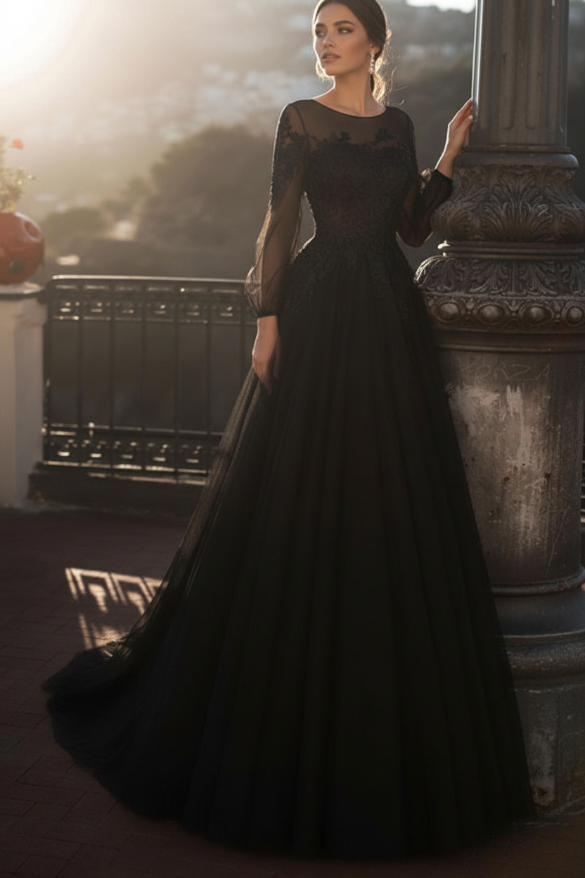 Wedding Dresses A Line Illusion Neck Long Sleeve Floor Length Tulle Pleated Bridal Dress With Train