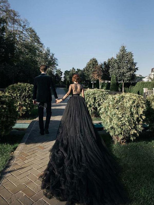 Black Wedding Dresses Tulle A-Line V-Neck Long Sleeves Backless Lace Bridal Gown