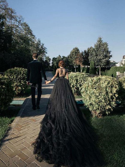 Black Wedding Dresses Tulle A-Line V-Neck Long Sleeves Backless Lace Bridal Gown