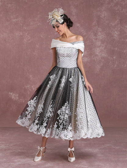Black Wedding Dresses Vintage Short Bridal Gown Lace Off The Shoulder Polka Dot Print Bridal Dress With Bow