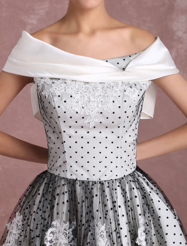 Black Wedding Dresses Vintage Short Bridal Gown Lace Off The Shoulder Polka Dot Print Bridal Dress With Bow