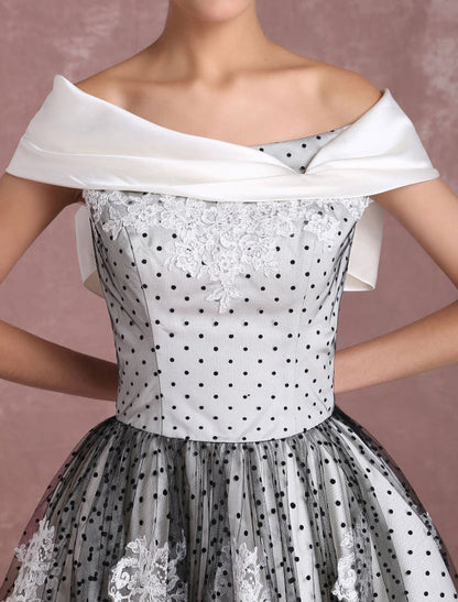 Black Wedding Dresses Vintage Short Bridal Gown Lace Off The Shoulder Polka Dot Print Bridal Dress With Bow