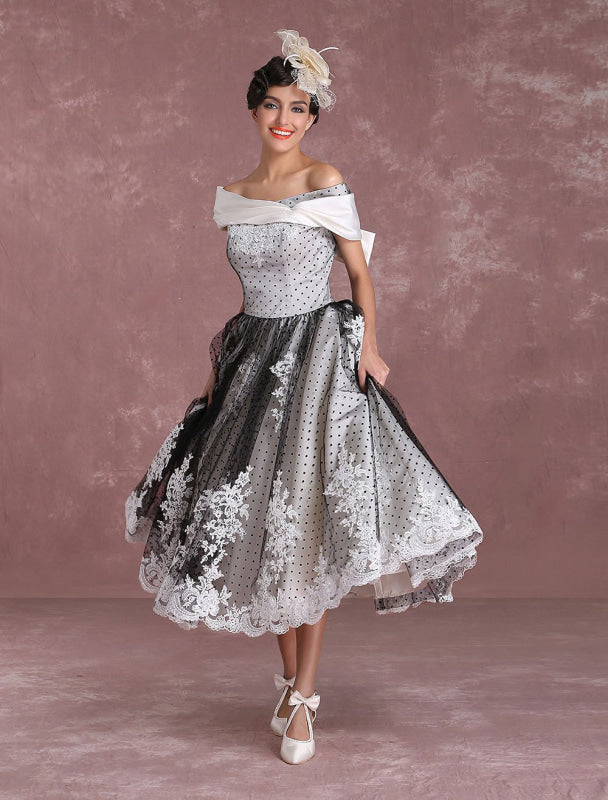 Black Wedding Dresses Vintage Short Bridal Gown Lace Off The Shoulder Polka Dot Print Bridal Dress With Bow