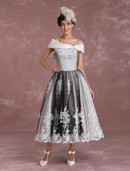 Black Wedding Dresses Vintage Short Bridal Gown Lace Off The Shoulder Polka Dot Print Bridal Dress With Bow
