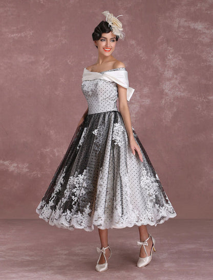 Black Wedding Dresses Vintage Short Bridal Gown Lace Off The Shoulder Polka Dot Print Bridal Dress With Bow