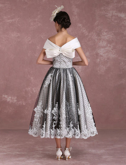 Black Wedding Dresses Vintage Short Bridal Gown Lace Off The Shoulder Polka Dot Print Bridal Dress With Bow