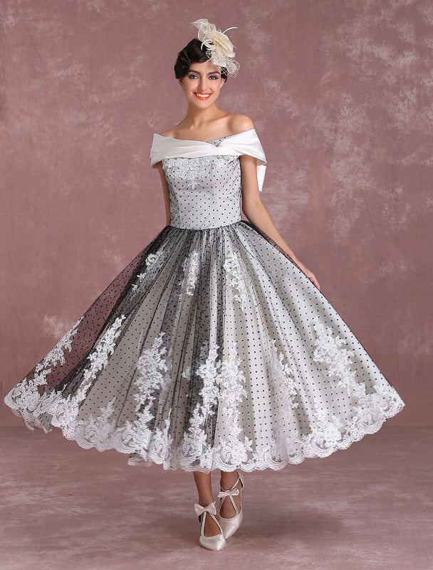 Black Wedding Dresses Vintage Short Bridal Gown Lace Off The Shoulder Polka Dot Print Bridal Dress With Bow