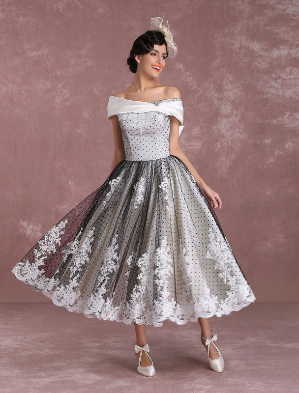 Black Wedding Dresses Vintage Short Bridal Gown Lace Off The Shoulder Polka Dot Print Bridal Dress With Bow
