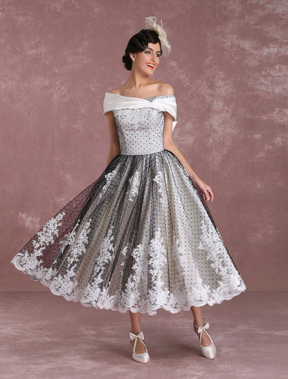 Black Wedding Dresses Vintage Short Bridal Gown Lace Off The Shoulder Polka Dot Print Bridal Dress With Bow